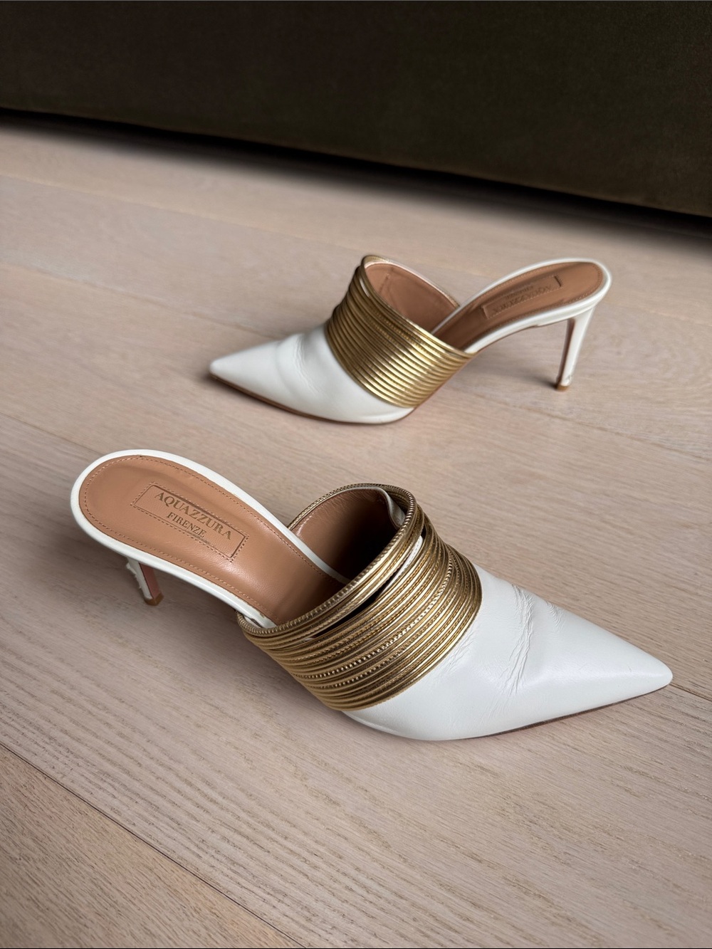 AQUAZZURA Rendez Vous 75 Metallic-Trimmed Leather Mules Size 39 1/2 Shoes